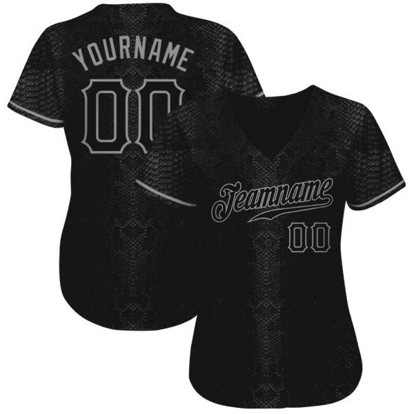 Custom Black Snakeskin Black-Gray 3D Pattern Design Authentic Baseball Jersey - Image 2