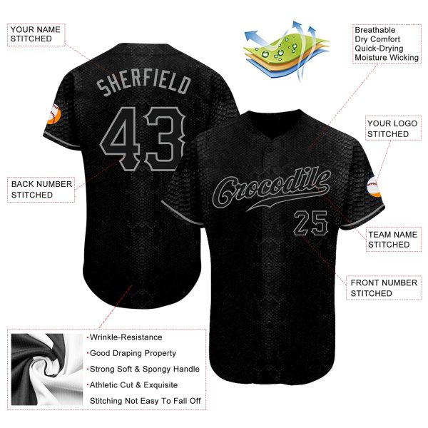 Custom Black Snakeskin Black-Gray 3D Pattern Design Authentic Baseball Jersey - Image 3