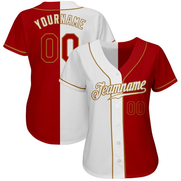 Custom White Red-Old Gold Authentic Split Fashion Baseball Jersey - Image 2