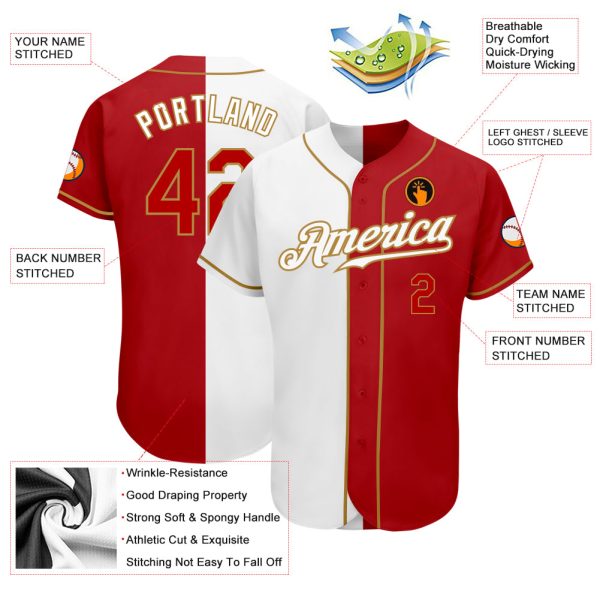 Custom White Red-Old Gold Authentic Split Fashion Baseball Jersey - Image 3