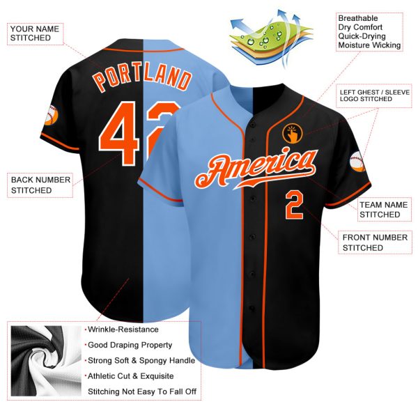 Custom Black Orange-Light Blue Authentic Split Fashion Baseball Jersey - Image 3