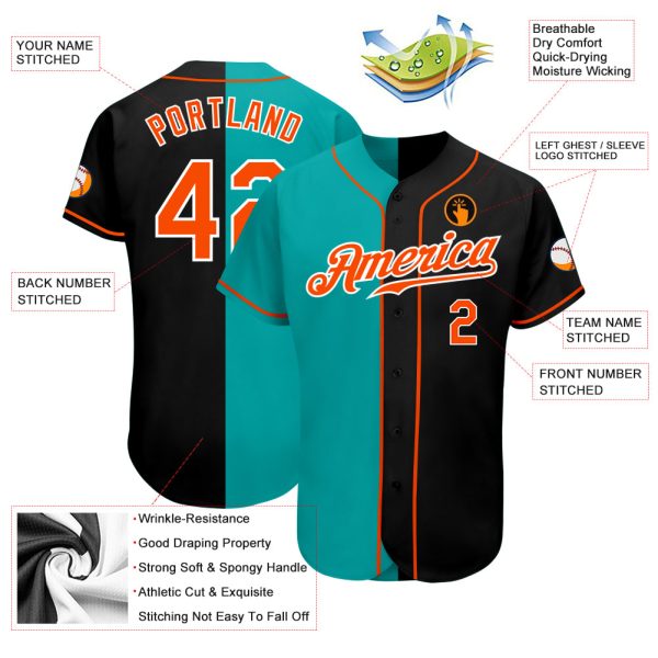 Custom Black Orange-Aqua Authentic Split Fashion Baseball Jersey - Image 3