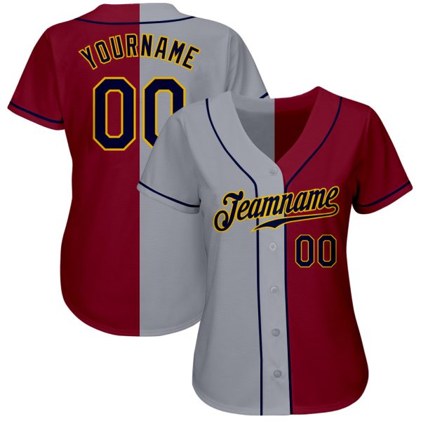 Custom Crimson Navy-Gray Authentic Split Fashion Baseball Jersey - Image 2