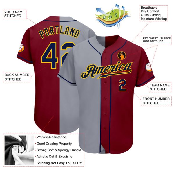 Custom Crimson Navy-Gray Authentic Split Fashion Baseball Jersey - Image 3
