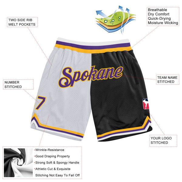 Custom White Purple-Black Authentic Throwback Split Fashion Basketball Shorts - Image 2