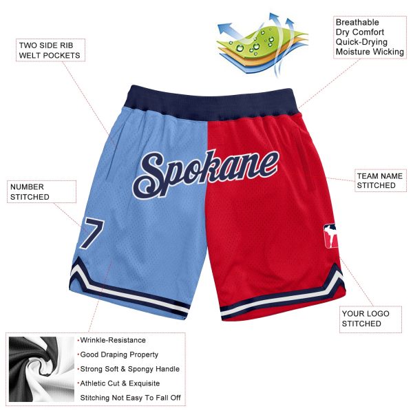 Custom Light Blue Navy-Red Authentic Throwback Split Fashion Basketball Shorts - Image 2