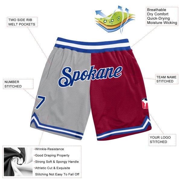 Custom Gray Royal-Maroon Authentic Throwback Split Fashion Basketball Shorts - Image 2