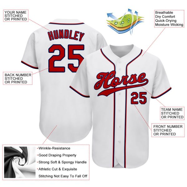 Custom White Red-Navy Authentic Baseball Jersey - Image 3