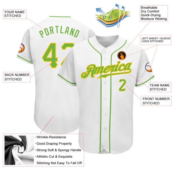 Custom White Neon Green-Gold Authentic Baseball Jersey - Image 3